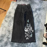 HiqdressJeans New Harajuku Hip Hop Retro Skull Graphic Embroidered Baggy Jeans Denim Pants Men Women Goth High Waist Wide Trousers