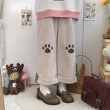 QWEEK Harajuku Kawaii Beige Corduroy Pants Cute Japanese Style Lolita Brown Wide Leg Trousers Embroidery Girly Sweet Pantalon