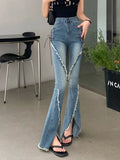 Y2k Slit Raw Edge Strappy Flared High Waist Jeans Retro High Street Fashion Wide Leg Pants Hot Girl Casual Simple Trousers