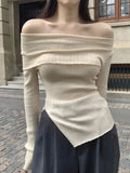 HiqdressOff Shoulder Pullover Women Autumn Long Sleeve Knitted Tops Female Slim Slash Neck Knitwear Ladies Korean Style Thin Pullovers