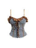 Summer Women Korean Coquette Vintage Denim Crop Top Lace Up Halter Kpop Gyaru 2000s Aesthetic Hot Sexy Camisole Y2k Streetwear