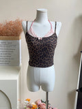 Summer Women Korean Ballet Core Fake Two Pieces Camisole Coquette Dark Academia Leopard Print Crop Top Gyaru 2000s Aesthetic Hot