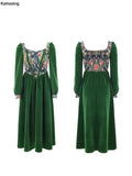 Vintage France Green Velvet Floral Dress for Women Chic Auricular A-line Party Prom Robe Winter Spring Harajuku Clothes