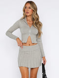 Mozision Autumn Casual Sweater Set Women Zipper Long Sleeve Cropped Tops And Pleated Mini Skirt Womens Knitwear Two Piece Set