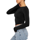 HiqdressWomen Autumn Slim Cropped Tops Solid Color Round Neck Long Sleeve Show Navel TShirt