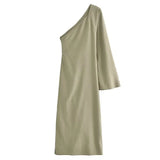 Autumn Sexy One Shoulder Long Sleeve Linen Blending Dresses Elegant Backless Slit Bodycon Dress Pleated Robe