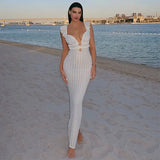 Vintage Sexy V Neck Knitted Maxi Dress Women Summer Sleeveless Backless Bodycon Long Dresses Beach Party Vacation Vestidos New