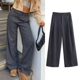 Fashion Striped Women Wide Leg Pants Female Casual Loose With Zipper Fly Trousers Ladies Mid Waist Chic Elegant Pants