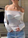 Sexy Long Sleeve Shoulder Gauze T-shirts Women Slim Solid Versatile T-Shirt 2023 Spring Female Fashion Off Shouler Tops