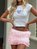 Coquette Ruffle Lace Mini Skirt Women Y2K Low Rise Layered Chiffon White Pink Sexy Short Skirt Streetwear Summer