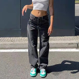 HiqdressWomen Loose Wide Leg Straight Jeans Vintage Streetwear Ladies Mid Waist Button Splicing Denim Pants Comfortable Casual Trousers