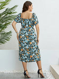 Plus Size Floral Print Puff Sleeve Midi Dress For Women 2024 Summer Boho Holiday Elastic Waist Sweet Split Long Dresses