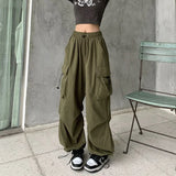 HiqdressY2K Parachute Black Pants Women Hippie Streetwear Oversize Pockets Cargo Trousers Harajuku Wide Leg Baggy Sweatpants