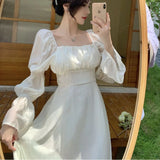 Sweet Puff Sleeves Dress Women Long Sleeve Sexy Backless Bow Bandage Dresses White Square Collar Elegant Party Vestidos