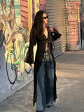 Vintage Black See Through Long Cardigan Slim V Neck Streetwear Sexy Grunge Tops Summer Y2k Aesthetic Bandage Blouse Women