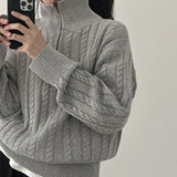 Korean Fashion Half Zipper Sweaters Women Vintage Twisted Knitted Crop Pullover Casual Sueter Mujer Long Sleeve Tops