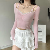 Hiqdress-Sweet Lace Stitching V-neck Skinny Top Pink Coquette Aesthetic Slim-fit Long Sleeve Knitted T-shirts Cute Casual Tees