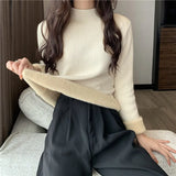 Autumn Winter Sweater Women Velvet Half Turtleneck Bottoming Solid Color Simple Soft Thermal Top Long-Sleeved Thickened T-Shirt