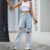 Fashion Ripped High Waist Wide Leg Pants Casual Denim Trousers Casual Jeans For Women 2023 New