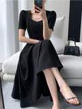 Women  Summer New Elegant Midi Black Dress Solid A Line Femme Fashion Office Lady Clothing Vestidos