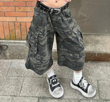 Cargo Pockets Camouflage Baggy Jorts Women Pleated Pintuck Loose Casual High Rise Denim Shorts Harajuku Retro Clothes