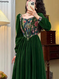 Vintage France Green Velvet Floral Dress for Women Chic Auricular A-line Party Prom Robe Winter Spring Harajuku Clothes