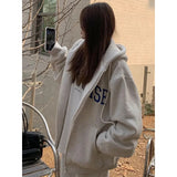 Streetwear Zip Up Hoodies Women Oversized Letter Print Sweatshirt Harajuku Korean Plus Fleece Thick Casual All Match Tops