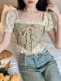 Casual Floral Y2k Crop Tops Woman Outwear Slim Short Sleeve Elegant Blouse Office Lady Korean Style Fashion Pullover Summer