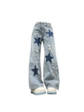 HiqdressWomen's Baggy Blue Star Jeans Vintage Y2k 90s Aesthetic Denim Trousers Harajuku High Waist Wide Cowboy Pants 2000s Clothes