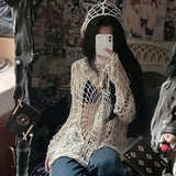 Lucyever Y2K Hollow Knit Hooded Tops Women Goth Spider Web Spice Girl Mesh Pullovers Female Korean Fashion Fishing Net Sweaters