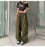 HiqdressWomen Big Pockets Cargo Pants Y2k High Elastic Waist Drawstring Baggy Trousers Vintage Casual Loose Side Zipper Straight Pants