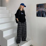 Black and Pink Plaid Pants Oversize Women Pants High Waist Loose Wide Leg Trousers Ins Retro Teens Straight Trousers Streetwear