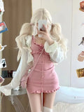 Hiqdress-Y2K Clothes 2 Piece Sets Womens Outfits Cropped Sweater Cardigan Coat Backless Ruffles Bodycon Mini Dress Suit Knit Korean Set