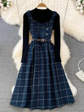 High Quality Fall Winter Women Sweater Overalls Dress Sets Casual Knitted Tops +Plaid Woolen Dress 2 Piece Sets Outfits Female