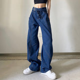 Harajuku Fashion Eyelet Waist Buckle High Waisted Jeans Women Personality Slim Casual Black Pants All Match Straight Trousers