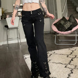 Women's Gothic Black Cargo Pants Aesthetic Harajuku Bandage Goth Pant Y2K Streetwear Vintage Punk Wide Leg Baggy Trousers