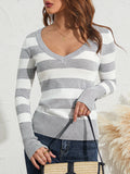 Women Long Sleeve Knit Tops Casual V-neck Striped Pullover Shirt Blouse for Club Streetwear