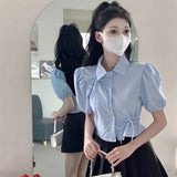 Puff Sleeve Blue Shirt Women Korean Fashion Elegant Bow Short Top Female Summer Chic Hollow Solid All Match Ladies Blouse