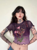 Summer Crop Top Mesh Tops Short Sleeve Purple T Shirt Women Clothes Sheer See Through Gothic Floral Tees Y2k Chic Tshirt