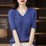 Women Sweater Short Sleeve V-neck Stripe Knitwears Slim Fit Shirt Korean Fashion Pullovers Thin Knit Tops 2023 Bottoming Shirts