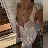 Vintage Sexy V Neck Knitted Maxi Dress Women Summer Sleeveless Backless Bodycon Long Dresses Beach Party Vacation Vestidos New