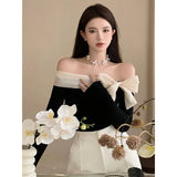 French Elegant Sweater Women Sexy Off Shoulder Bow Slash Neck Pullovers Ladies Y2K Korean Stretch Slim Long Sleeve Tops