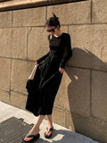 Vintage Knitting Maxi Wedding Dresses for Women Clothing O Neck Office Lady Casual Pockets Bodycon Midi Dress Winter Black