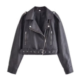 HiqdressWomen Vintage Loose Pu Faux Leather Short Jacket with Belt Streetwear Female Zipper Retro Moto Biker Coat Outwear Tops