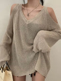 Deeptown High Street Knitted Sweater Women Korean Retro V-neck Off Shoulder Jumper Loose All-match Casual Sunscreen Elegant Tops