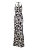 Satin Leopard Print Swinging Collar Backless Maxi Dress Halter Straps Elegant Evening Party Classic Prom Vestido