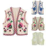 HiqdressVintage Women Floral Embroidery Vest Jackets Summer National Style Open WaistCoat Casual Patchwork V Neck Ladies Short Vest Tops