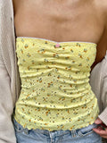 Yellow Floral Print Sleeveless Strapless Slim Cute Y2K Tube Top Women Lace Trim Shirring 2000sSummer Holiday Clothing