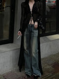 Vintage Black See Through Long Cardigan Slim V Neck Streetwear Sexy Grunge Tops Summer Y2k Aesthetic Bandage Blouse Women