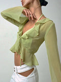 Vintage 90s Streetwear Ruffles Trim Green Chiffon T-shirts Y2K Fashion Sexy Deep V Lace Up Long Sleeve Tops Transparent